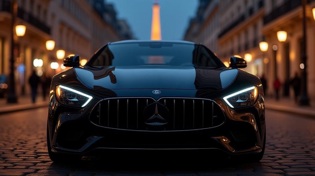 Véhicule de luxe récemment détaillé devant une vue de Paris